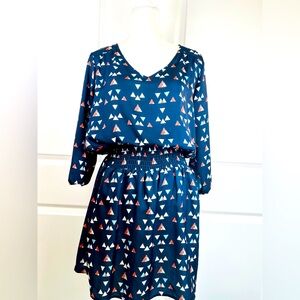 Betabrand Blue Printed Travel Dress Pockets V Neck Wrinkle Free